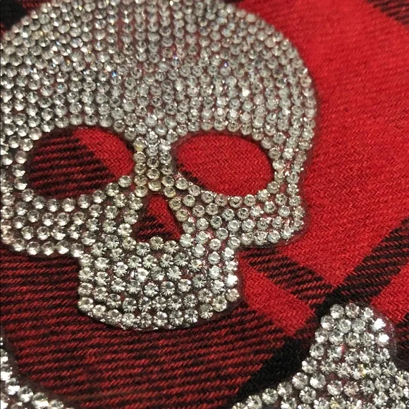 Red black plaid look rhinestone skull pocket button down shirt size large new - Picture 6 of 10